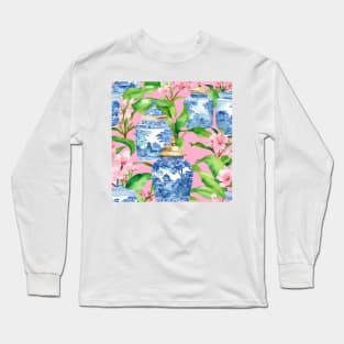 Chinoiserie jars and banana leaves on pink Long Sleeve T-Shirt